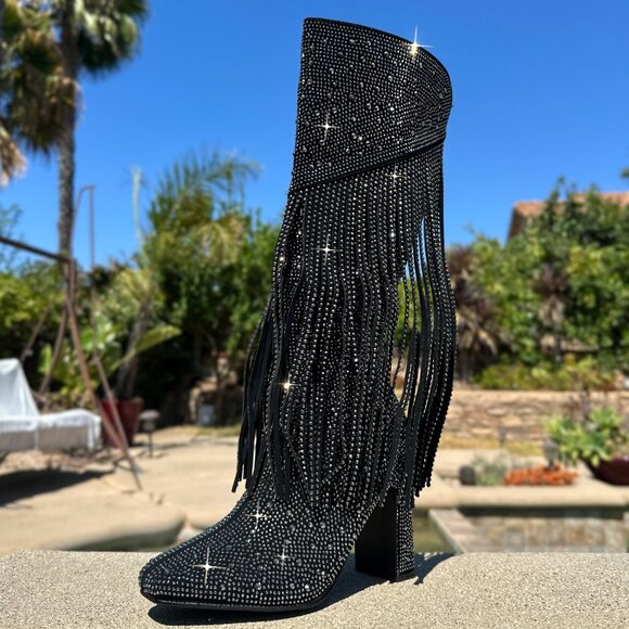 New Pewter Rhinestone Crystal Fringe Knee High Heel Boots Western Cowgirl/Cowboy - Picture 3 of 7